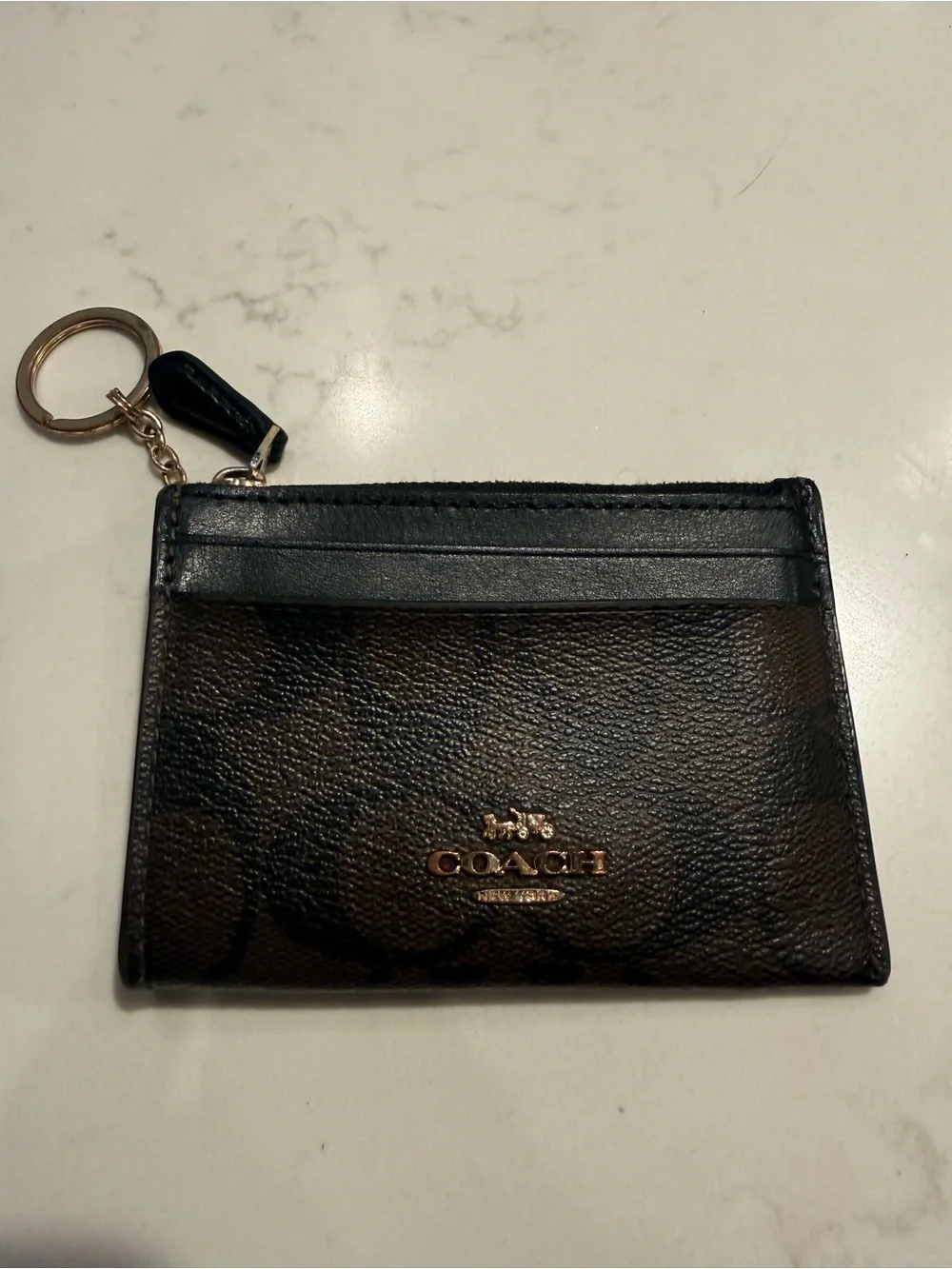 Coach Brown Signature Canvas Card Case with Black Leather Trim & Keyring